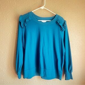 Teal Long Sleeve Top with Ruffle Details- cozy stylish crewneck top